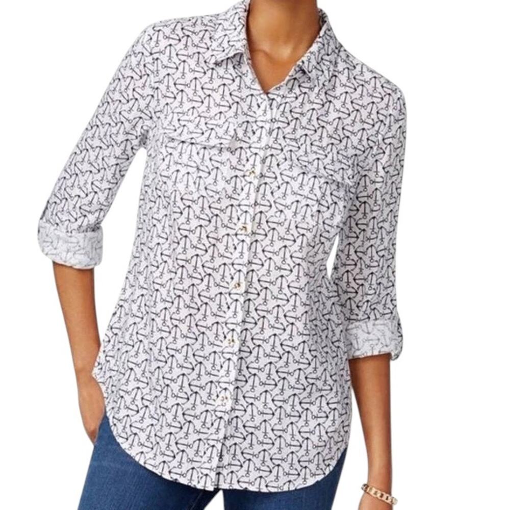 Charter Club 100% Linen Anchor Print Shirt Button up Long Sleeves White Black S